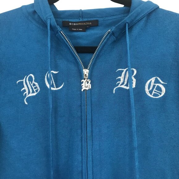 BCBGMaxAzria Blue Hooded Zip-Up Sweater Embroidered Letters Studded Size L Y2K - Picture 4 of 10